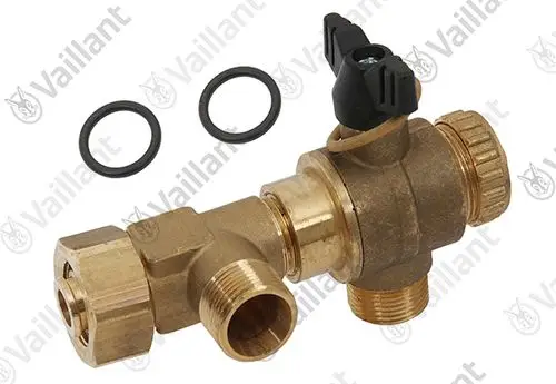 Vaillant Anschluss-Set aus Messing mit zwei O-Ringen. Das Set beinhaltet eine Fülleinrichtung mit verschiedenen Anschlussmöglichkeiten für Heizungsanlagen.